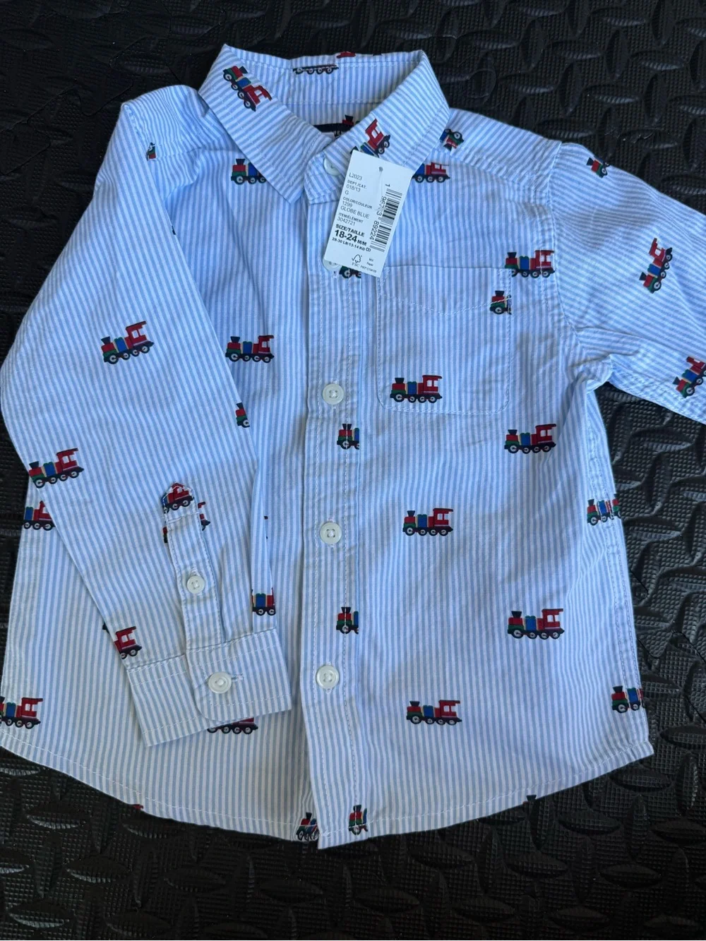 The Children's Place Light Blue Striped Button-Down with Red Train Print